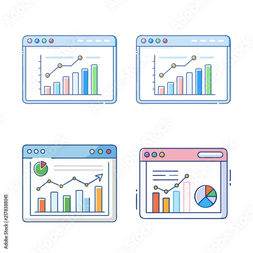 Colorful business growth charts in monitors - Four digital screens display various colorful business growth charts and graphs with upward trends and analytics.
