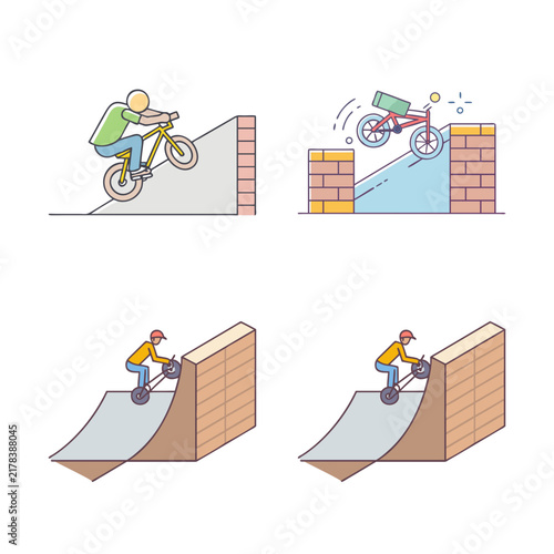 Skateboarder performing tricks on ramps - Illustrations of skateboarders doing stunts on wooden ramps with dynamic poses and simple, clean lines.