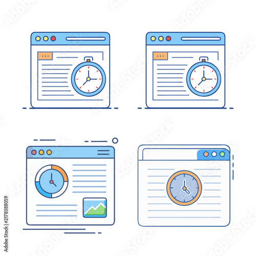 Four modern app screens with loading icons and notifications - Colorful set of four digital app screens displaying loading animations, notifications, and clock icons in a clean interface style.