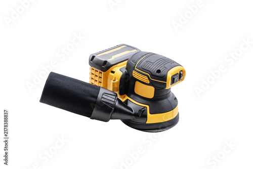 Yellow cordless random orbital sander with dust collection bag isolated on white background