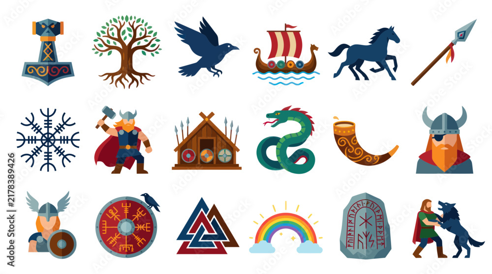Obraz premium Flat Vector Norse Mythology and Viking Culture Icons Set. Ancient Scandinavian History Symbols Collection.