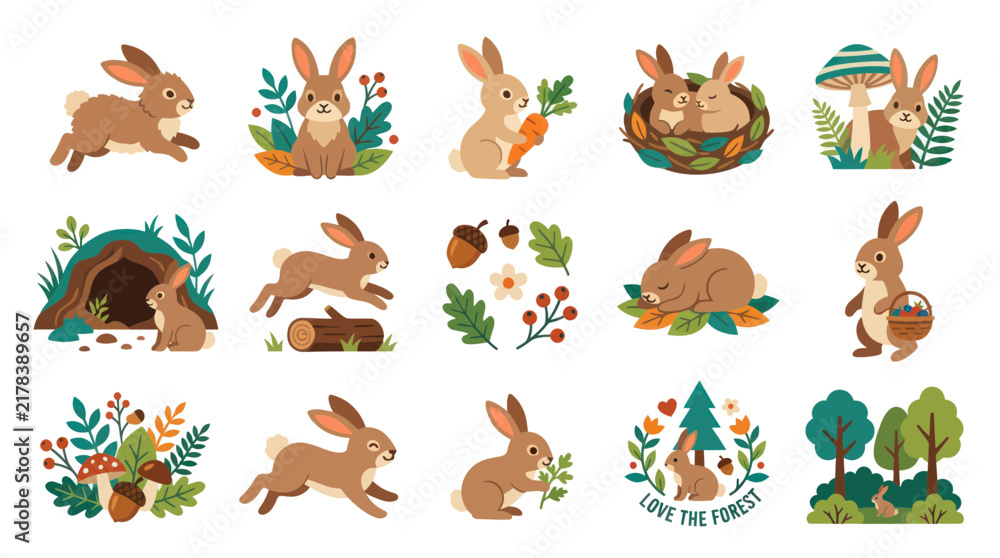 Obraz premium Cute Cartoon Rabbits and Bunnies Flat Illustration Set. Adorable Forest Animals and Nature Wildlife Vector