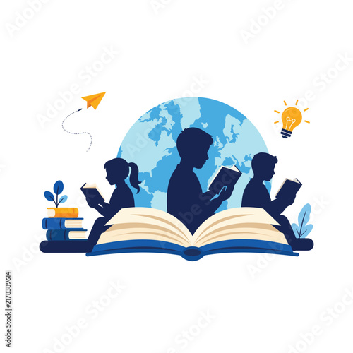 Global Literacy and Education Concept with Students Reading Books