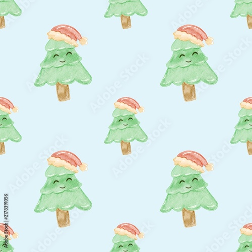 Seamless Pattern of Children's Style Christmas Tree wearing Santa's Hat