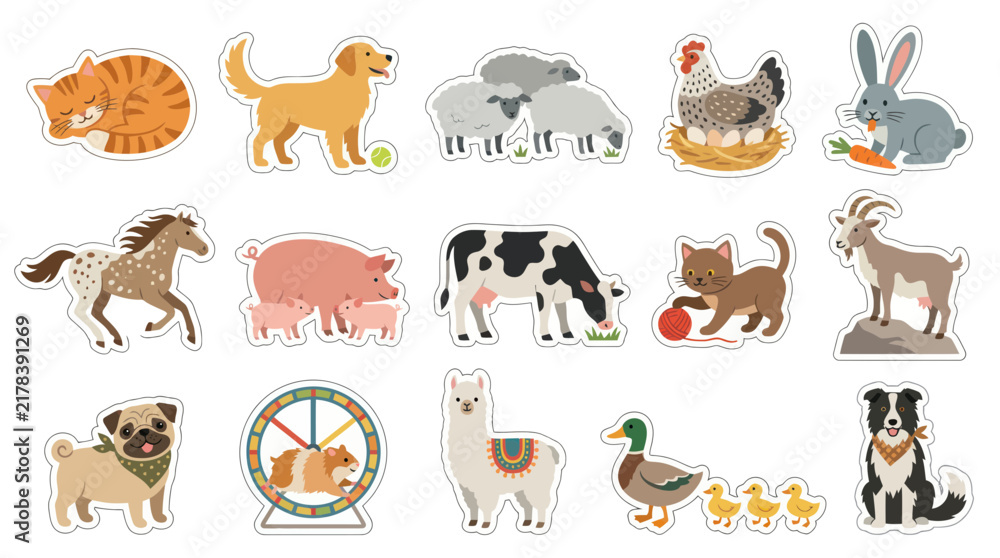 Fototapeta premium Cute Farm Animals Vector Sticker Set - Flat Design for Kids