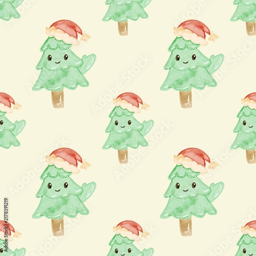 Seamless Pattern of Children's Style Christmas Tree wearing Santa's Hat