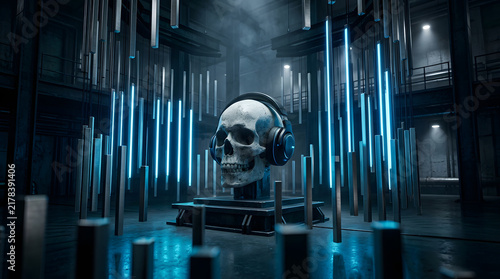 Dark futuristic cyber-audio artwork with a skull-inspired sound concept, dramatic neon lighting, industrial atmosphere and cinematic 3D detail. AI Generated.