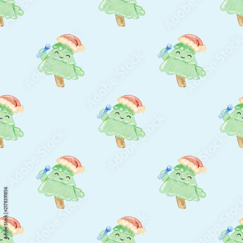 Seamless Pattern of Children's Style Christmas Tree wearing Santa's Hat