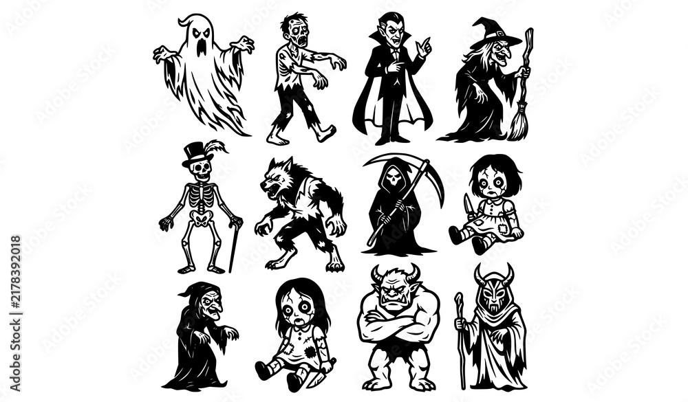 Obraz premium Monochrome horror character collection with ghosts zombies vampires and monsters vector set