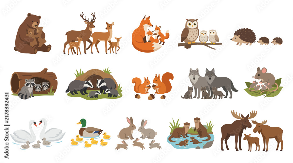Fototapeta premium Cute Wild Animal Families and Babies in Flat Vector Style for Nature and Education Designs