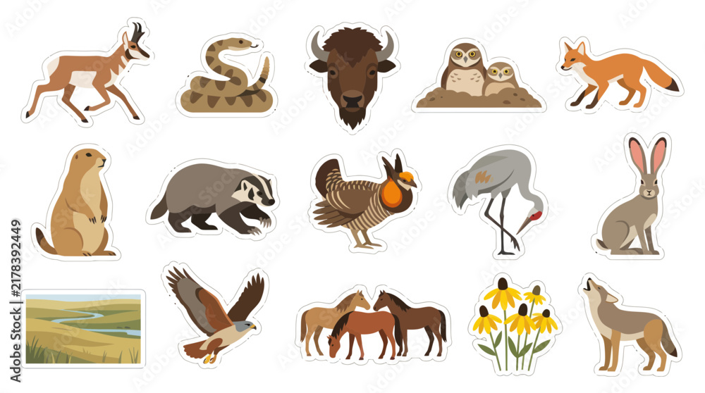 Obraz premium Flat Vector Illustration of North American Wildlife Animals and Landscape