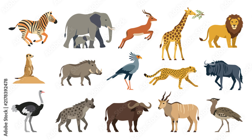 Obraz premium Flat Style African Safari Animals Vector Illustration - Wildlife Collection