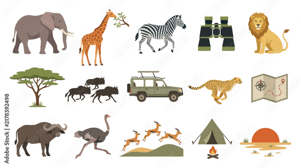 Fototapeta premium African Safari Animals and Adventure Icons - Flat Vector Illustration