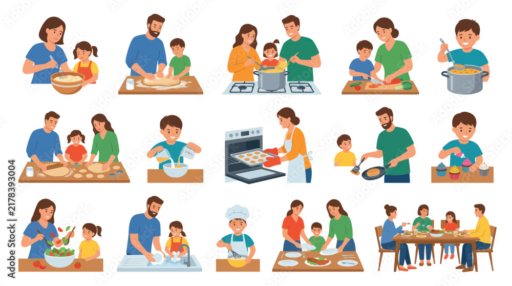 Fototapeta premium Family Cooking Together, Baking, Meals, Healthy Food, Kitchen Activities - Flat Style