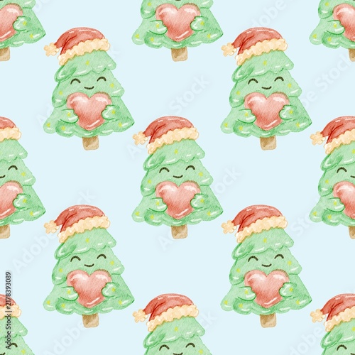 Seamless Pattern of Children's Style Christmas Tree wearing Santa's Hat