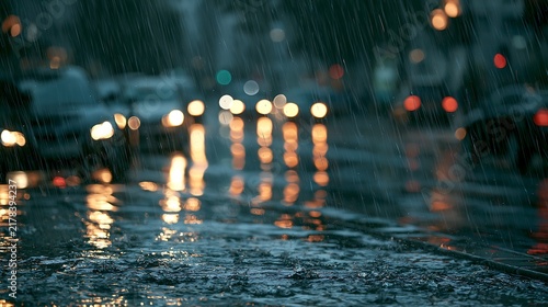 Dramatic shot of heavy tropical rainstorm downpour pouring over a city street, blurred headlights bokeh, rising water level, extreme weather condition concept.