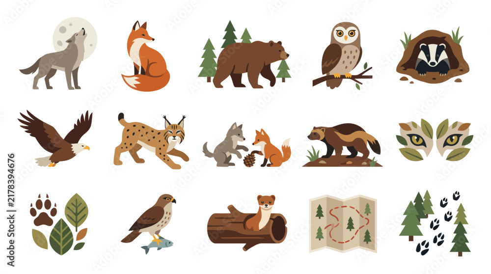 Obraz premium Flat Vector Forest and Woodland Animals Icons Set - Bear, Wolf, Fox, Eagle, Lynx, Badger, Owl, Wolverine, Weasel Nature Elements