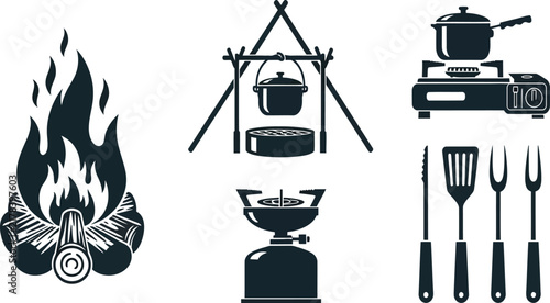 Photography Camping Cooking Silhouette Vector Set, Outdoor Campfire and Stove Icons, Camp Ki