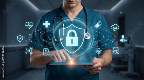 Healthcare Data Security Concept Featuring Medical Professional Holding Tablet with Digital Privacy and Patient Protection Icons