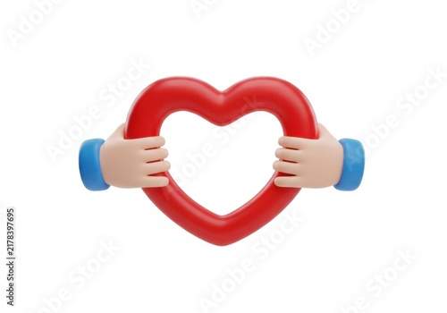Stylized 3d hands holding a red heart-shaped outline