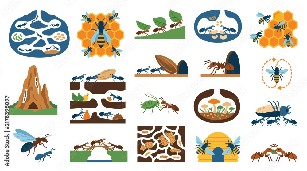 Fototapeta premium Nature and Biology Flat Vector Set: Ants, Bees, Insect Colonies, Social Structure, and Habitat Icons