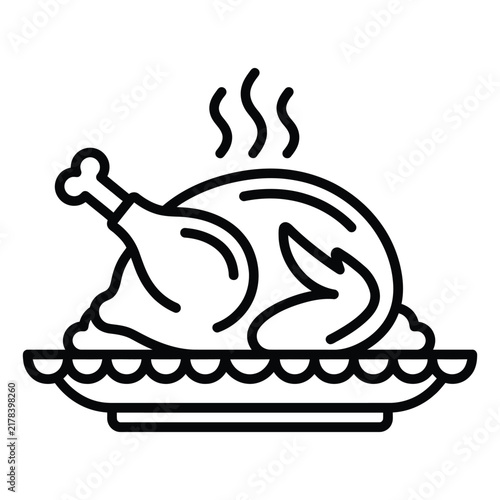 A simple black and white line art illustration of a hot roasted chicken served on a decorative dinner plate
