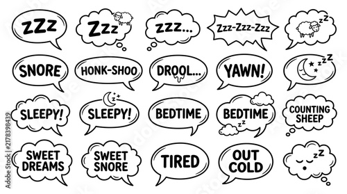 Fotografie Sleep comic speech bubbles set, 20 bedtime thought clouds with zzz and snore tex