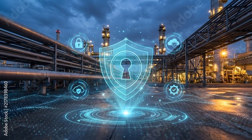 Industrial cybersecurity shield over modern refinery factory representing critical infrastructure protection and operational technology safety.