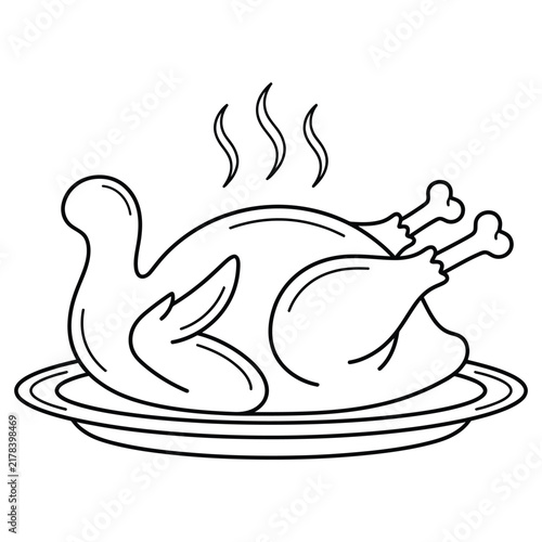 A simple black and white line drawing of a roasted chicken served on a plate for holiday dinner
