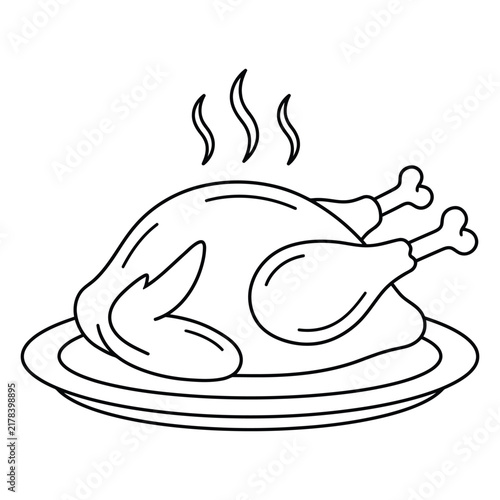 A simple black and white line art illustration of a roasted chicken served on a plate for dinner