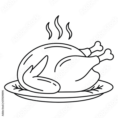 A simple black and white line art illustration of a hot roasted chicken served on a dinner plate