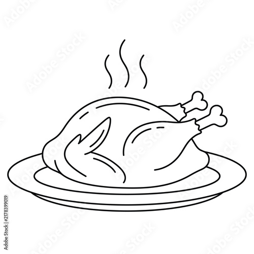 A simple black and white line drawing of a delicious roasted chicken served on a round dinner plate