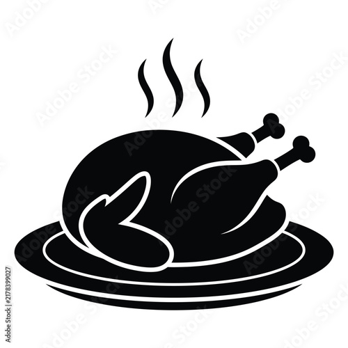 A simple black silhouette icon of a whole roasted chicken served on a dinner plate with rising steam