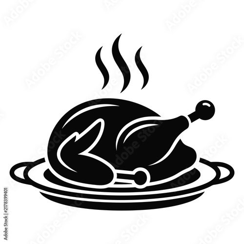 A simple black and white vector icon of a roasted chicken served on a platter for thanksgiving dinner
