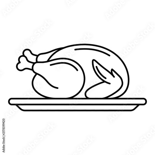 A simple black and white line art illustration of a roasted whole chicken served on a dinner plate