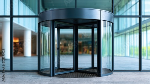 Modern glass revolving door entrance to a contemporary building with clear glass panels and sleek design showcasing urban architecture and accessibility features