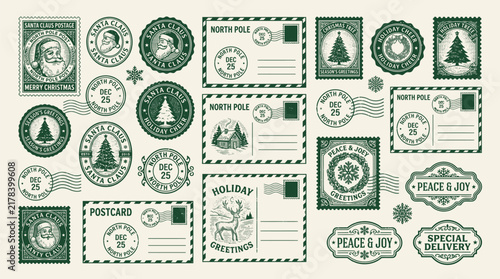 Obraz na płótnie Vintage Christmas postage stamps and North Pole mail labels