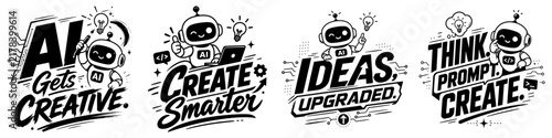 Creative black and white vector illustrations combining AI robots, programming elements, light bulbs, and inspirational typography for modern technology and innovation themes.