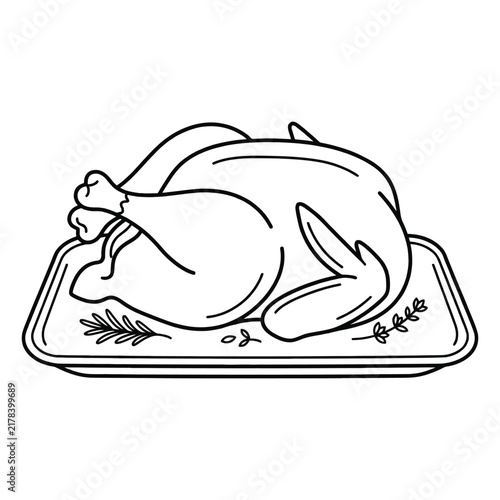 A simple black and white line drawing of a whole roasted chicken served on a rectangular serving platter