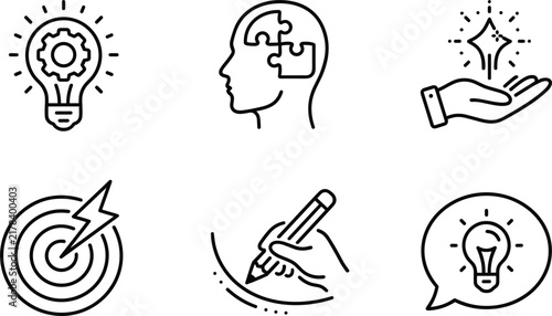 Creative idea generation and problem solving skills line icon set with brain puzzle lightbulb star and target target motivation