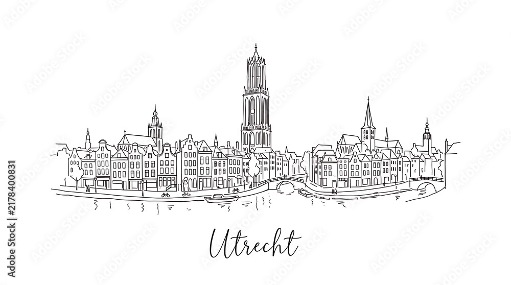 Fototapeta premium Minimalist line drawing of Utrecht cityscape showcasing iconic churches and historic architecture in a simplified artistic style