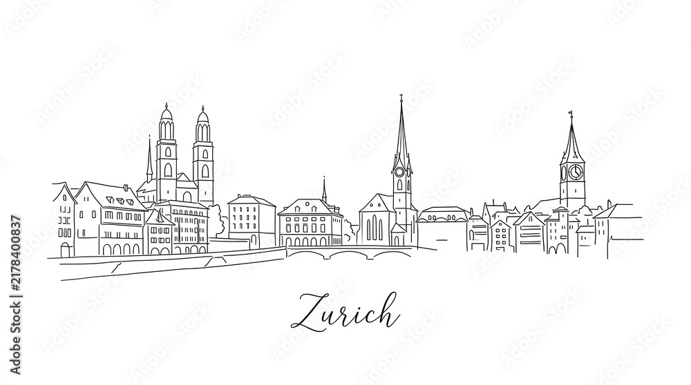 Fototapeta premium Elegant Line Drawing of Zurich's Historic Cityscape Featuring Diverse Architectural Landmarks and Iconic Church Spires