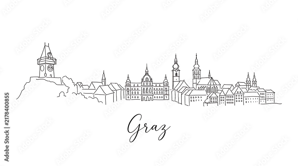 Fototapeta premium Elegant minimalist line drawing of Graz cityscape showcasing historic architecture and city skyline