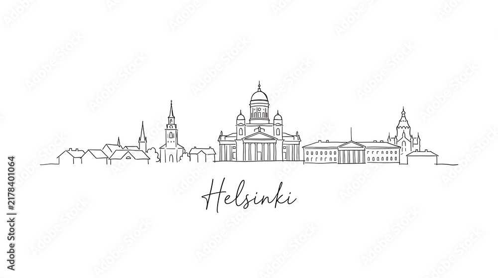 Obraz premium Minimalist Linear Illustration of Helsinki Skyline Featuring Iconic Architectural Landmarks and Cityscape in Fine Line Art Style