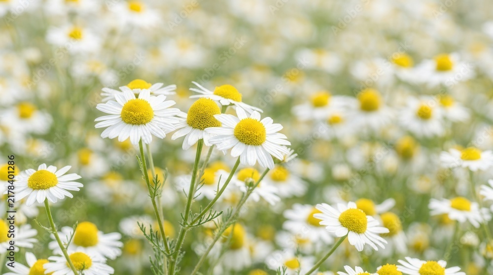 Fototapeta premium Detailed macro view of white chamomile flowers in a field