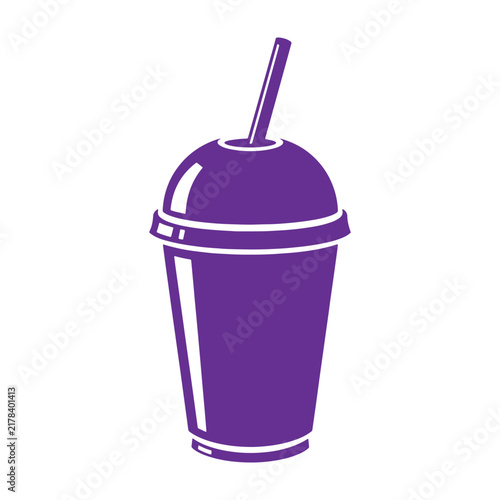 Purple plastic cup with a dome lid and a straw, isolated on a white background, for takeaway drinks and beverages