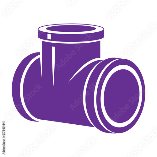 Purple plumbing pipe tee connector with three openings and circular rims isolated on a white background, for industrial construction repairs