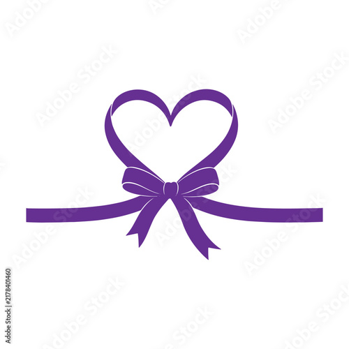Purple ribbon tied in a heart shape with a bow at the bottom, isolated on a white background, for gifts and celebrations