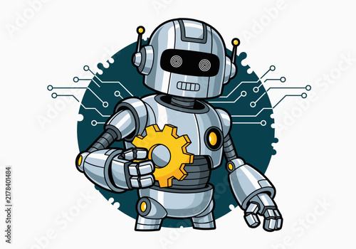Cute robot holding a golden gear with circuits behind, isolated on transparent background, suitable for technology blogs, future concepts and AI services.