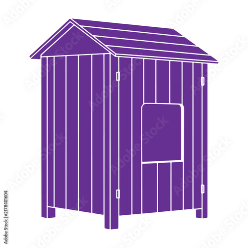 Wooden garden shed or storage cabin with a pitched roof and a small window, purple silhouette on a white background